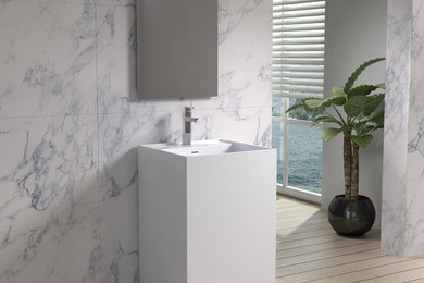 Imagen de cuarto de baño principal minimalista de tamaño medio con paredes grises, encimera de acrílico, suelo beige y encimeras blancas