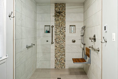 Photo of a medium sized classic ensuite bathroom in DC Metro with a built-in shower, a one-piece toilet, grey tiles, ceramic tiles, green walls, ceramic flooring, a submerged sink, grey floors, an open shower and white worktops.
