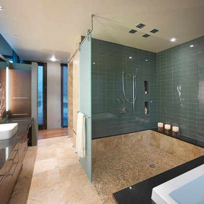 Trendy subway tile bathroom photo in Denver with a vessel sink and gray countertops