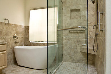 Example of a trendy beige tile ceramic tile bathroom design in San Diego