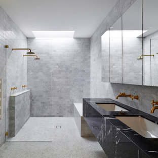 Photo of a contemporary shower room bathroom in Adelaide with a built-in shower, grey tiles, metro tiles, grey walls, a submerged sink, marble worktops, white floors and an open shower.