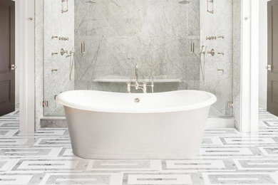 Huge master white tile and marble tile marble floor and white floor bathroom photo in New York with a hinged shower door