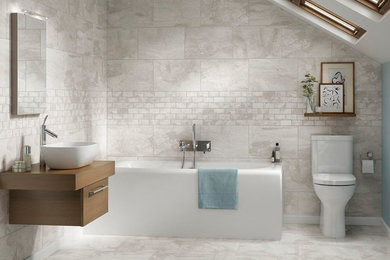Inspiration for a mid-sized contemporary 3/4 beige tile and porcelain tile porcelain tile and beige floor corner bathtub remodel in Phoenix with flat-panel cabinets, medium tone wood cabinets, a one-piece toilet, blue walls, a vessel sink, wood countertops and brown countertops