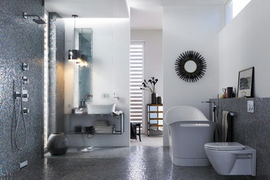 Inspiration for a gray tile gray floor and single-sink bathroom remodel in San Diego with white walls