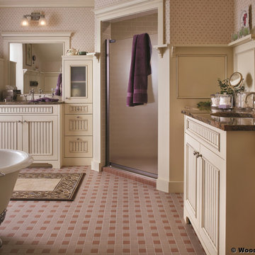Antique White Cabinets Bathroom With Purple Accents