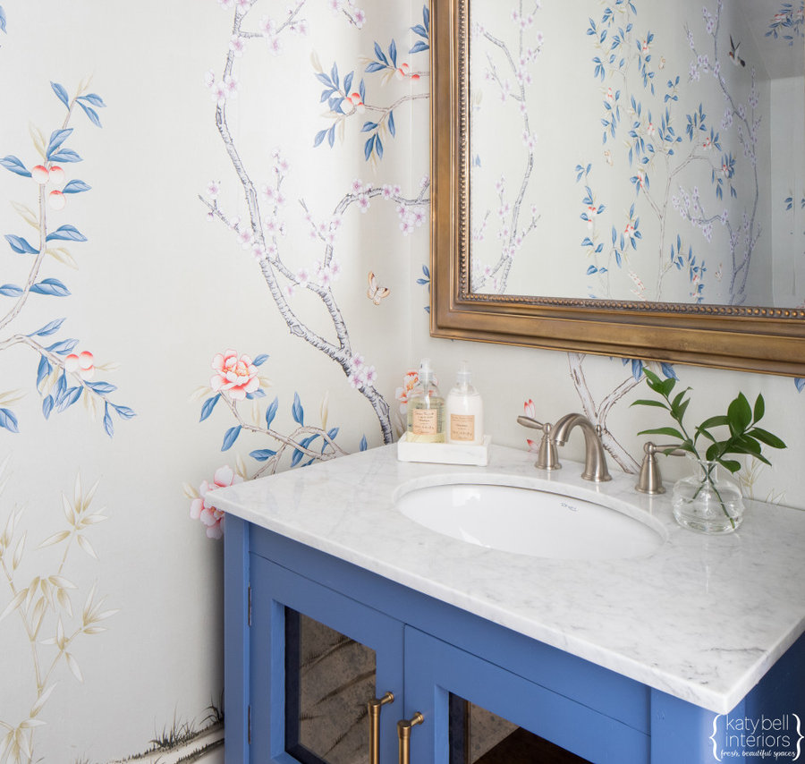 Antiqued Mirror Doors, Custom Blue Paint, Hand Painted Floral Wallpaper