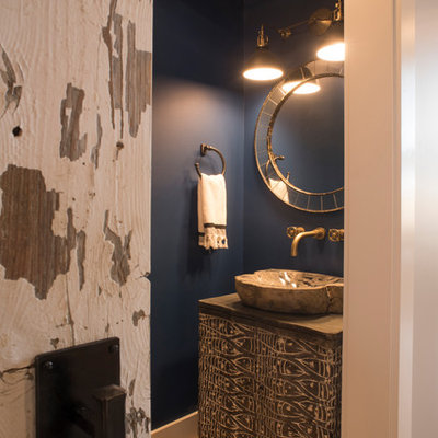 Small mountain style 3/4 light wood floor and brown floor bathroom photo in Columbus with furniture-like cabinets, medium tone wood cabinets, blue walls, an integrated sink, wood countertops and brown countertops