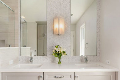 Inspiration for a large transitional kids' beige tile and marble tile porcelain tile and gray floor doorless shower remodel in San Francisco with shaker cabinets, brown cabinets, beige walls, an undermount sink, quartz countertops, a hinged shower door and white countertops