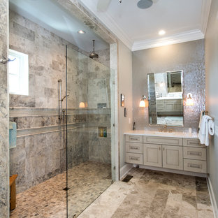 75 Beautiful Travertine Tile Bathroom with Gray Cabinets Pictures ...