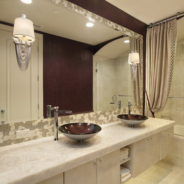Artful Bathroom with Round Tile Backsplash and Sparkly Shower Panel