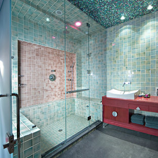 Design ideas for a large eclectic bathroom in New York with ceramic tile, flat-panel cabinets, red cabinets, wood benchtops, green tile, green walls, concrete floors, with a sauna and red benchtops.