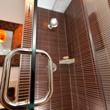 Asian-inspired Narrow Tiled Bathroom