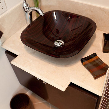 Asian-inspired Narrow Tiled Bathroom