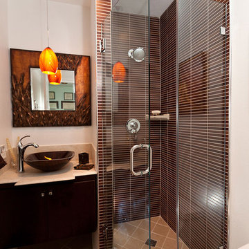 Asian-inspired Narrow Tiled Bathroom