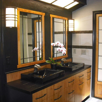 Asian style bathroom with bamboo counter top and cabinets