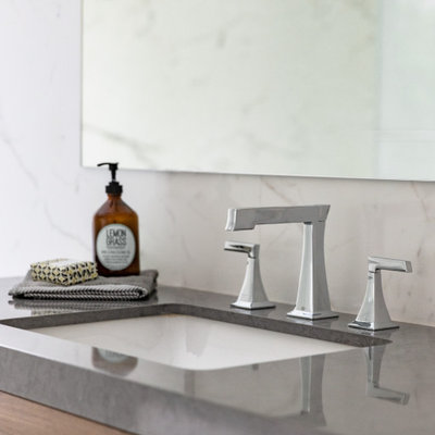 Example of a large minimalist master white tile and porcelain tile porcelain tile and gray floor bathroom design in San Francisco with shaker cabinets, light wood cabinets, a one-piece toilet, white walls, a drop-in sink, quartz countertops, a hinged shower door and gray countertops