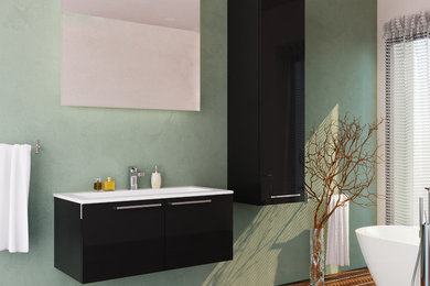 Ejemplo de cuarto de baño moderno pequeño con armarios tipo mueble, puertas de armario negras, encimera de acrílico y encimeras blancas