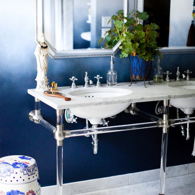 Bathroom - mid-sized eclectic master marble floor and gray floor bathroom idea in Austin with blue walls, an undermount sink, marble countertops and white countertops