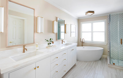 Before and After: Brass Warms a White-and-Gray Bathroom