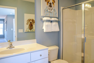 ローリーにあるおしゃれな浴室 (青い壁) の写真
