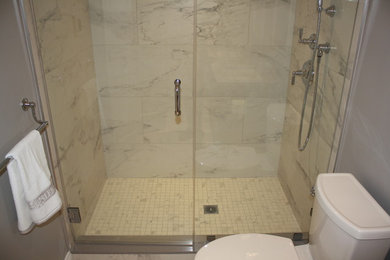 Small minimalist master gray tile, white tile and marble tile marble floor and gray floor bathroom photo in Boston with gray walls