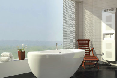 Example of a large minimalist master dark wood floor freestanding bathtub design in Detroit with white walls