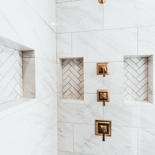 This is an example of a mid-sized arts and crafts bathroom in Seattle with recessed-panel cabinets, dark wood cabinets, an alcove shower, a two-piece toilet, white tile, marble, white walls, marble floors, an undermount sink, quartzite benchtops, white floor, a hinged shower door and white benchtops.