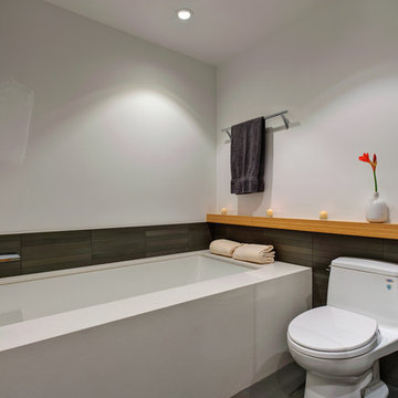 Bamboo shelf and tile wainscot