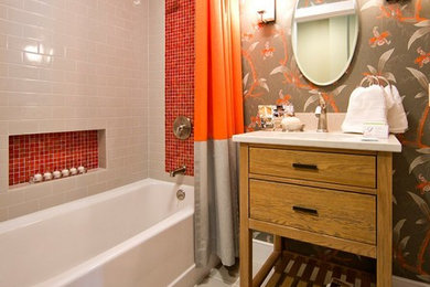 Inspiration for a transitional orange tile and glass tile porcelain tile, gray floor, single-sink and wallpaper bathroom remodel in Portland Maine with furniture-like cabinets, medium tone wood cabinets, a two-piece toilet, an integrated sink, quartz countertops and white countertops