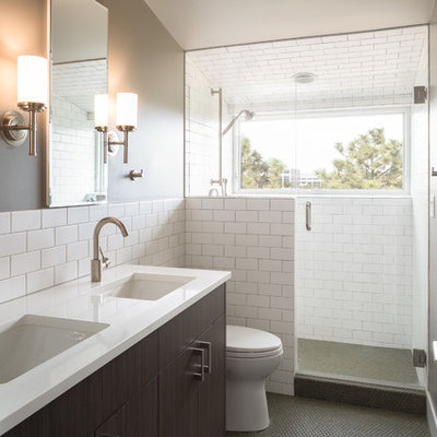 Mid-sized transitional master white tile and ceramic tile mosaic tile floor and gray floor alcove shower photo in Denver with flat-panel cabinets, dark wood cabinets, gray walls, an undermount sink, quartz countertops, a hinged shower door, a two-piece toilet and white countertops