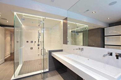 Diseño de cuarto de baño contemporáneo con lavabo de seno grande y ducha doble