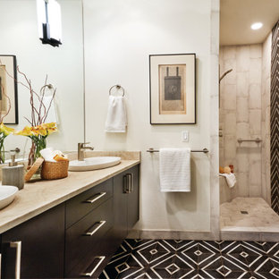 Inspiration for a transitional gray tile black floor and double-sink bathroom remodel in Portland with flat-panel cabinets, black cabinets, white walls, a vessel sink, beige countertops and a floating vanity
