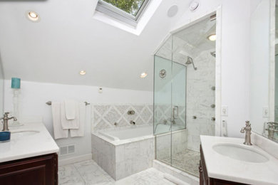 This is an example of a medium sized contemporary ensuite bathroom in Denver with dark wood cabinets, a built-in bath, a corner shower, grey tiles, white tiles, marble tiles, grey walls, marble flooring, a submerged sink, engineered stone worktops, grey floors, a hinged door and white worktops.