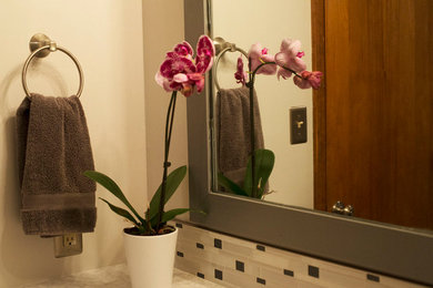 インディアナポリスにある高級な中くらいなトランジショナルスタイルのおしゃれなバスルーム (浴槽なし) (レイズドパネル扉のキャビネット、白いキャビネット、アルコーブ型浴槽、アルコーブ型シャワー、モノトーンのタイル、白い壁、大理石の洗面台、シャワーカーテン) の写真