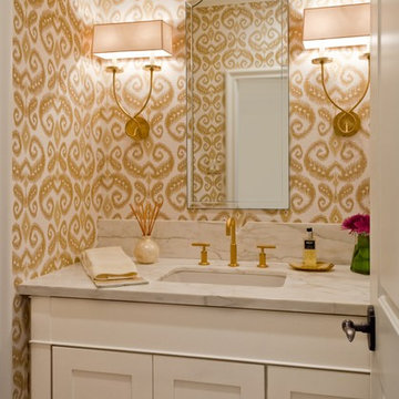 Bath with Gold Accents and Ikat grasscloth wallpaper