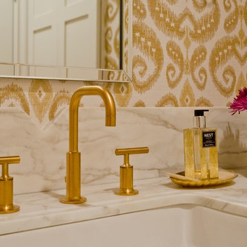 Bath with Gold Accents and Ikat grasscloth wallpaper