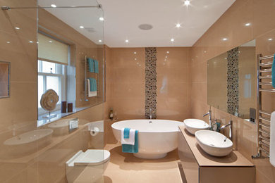 Example of a large transitional master beige tile and porcelain tile bathroom design in Dallas