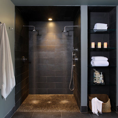 Inspiration for a contemporary pebble tile floor double shower remodel in DC Metro