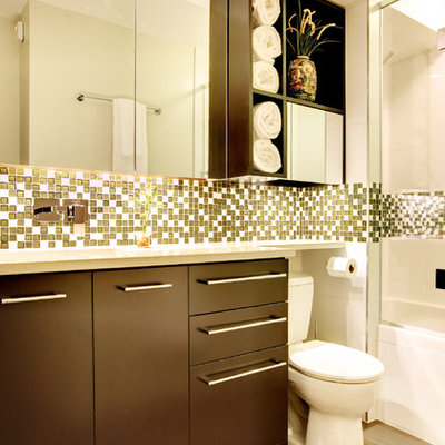 Bathroom - contemporary green tile and mosaic tile bathroom idea in Seattle with flat-panel cabinets and dark wood cabinets