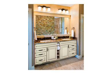 Inspiration for a large timeless master multicolored tile and stone tile ceramic tile and beige floor bathroom remodel in DC Metro with beaded inset cabinets, white cabinets, beige walls, an undermount sink and granite countertops