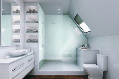 Bathroom clad with Reflect Wall Panel Range (Aqua) and Stick Range (Knotty Oak C