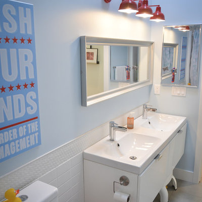 Bathroom - contemporary kids' white tile and subway tile bathroom idea in Calgary with an integrated sink, flat-panel cabinets and white cabinets