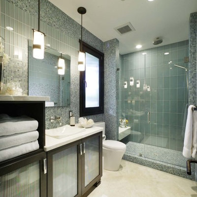 Inspiration for a contemporary glass tile and blue tile bathroom remodel in Sacramento
