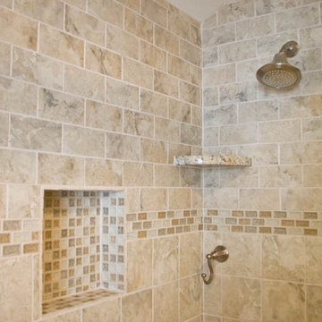 Bathroom Design and Remodel with beige/grey tile