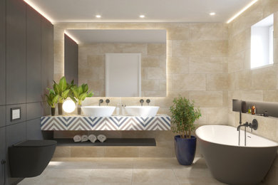 Mid-sized minimalist master white tile and ceramic tile cement tile floor and beige floor bathroom photo in Phoenix with white walls, a wall-mount toilet, a pedestal sink, multicolored countertops and tile countertops