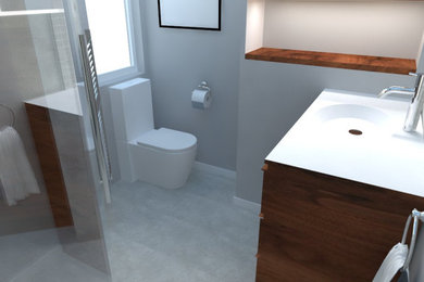 Design ideas for a medium sized contemporary family bathroom in London with dark wood cabinets, a walk-in shower, a two-piece toilet, grey tiles, grey walls, ceramic flooring, grey floors, an open shower, a single sink and a freestanding vanity unit.