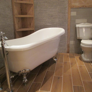 BATHROOM DESIGN WITH SHELVING & CUPBOARDS MADE FROM OAK RAILWAY SLEEPERS