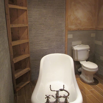 BATHROOM DESIGN WITH SHELVING & CUPBOARDS MADE FROM OAK RAILWAY SLEEPERS