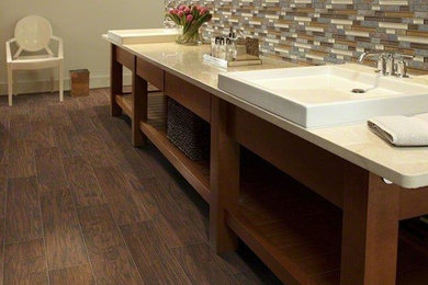 Example of a mid-sized trendy master beige tile, brown tile, white tile and matchstick tile porcelain tile bathroom design in Miami with open cabinets, medium tone wood cabinets, beige walls, a vessel sink and granite countertops