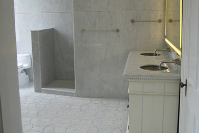 Bathroom full 120 inch walls, shower, vanity in Carrera marble